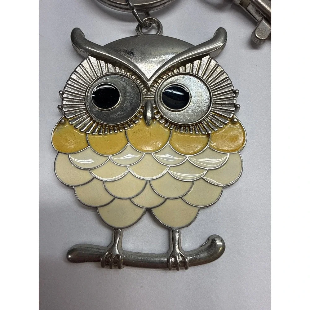 Enamel Owl Keychain Silver Tone Yellow Cream Bird Bag Charm Lobster Clasp NEW